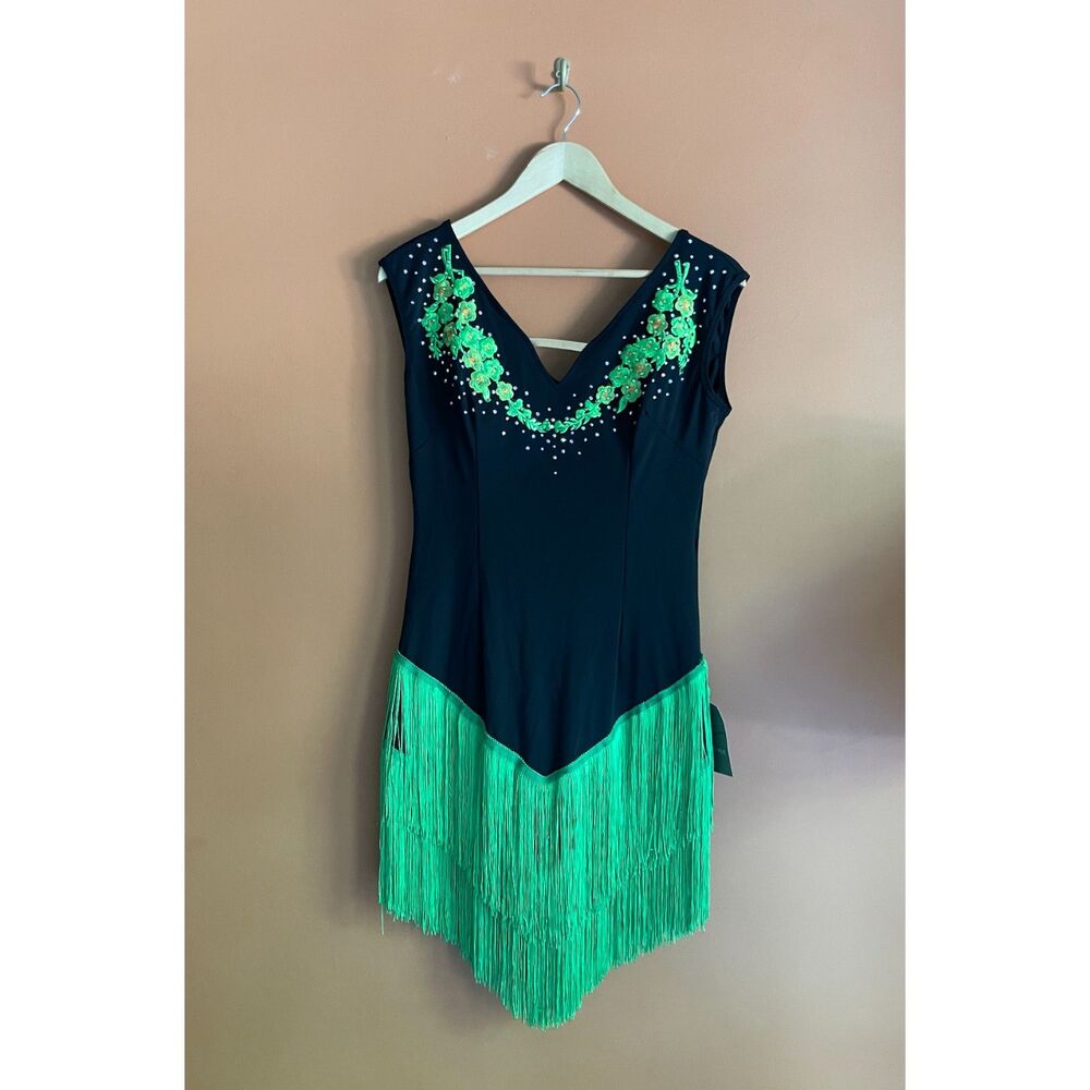 NWT Black Green Fringe Flapper Dress Sequin Beaded 1920s Dance Costume S